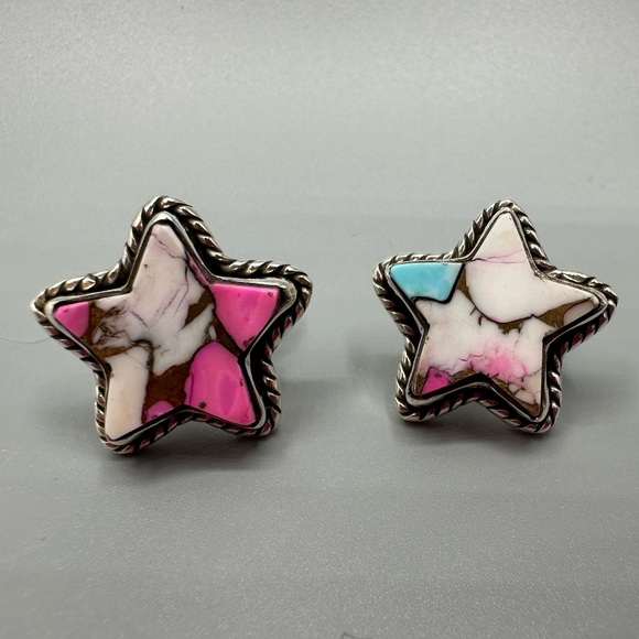 ⭐️ Star-Shaped Cotton Candy Turquoise Sterling Silver 925 Handmade Earrings Star - Picture 3 of 5